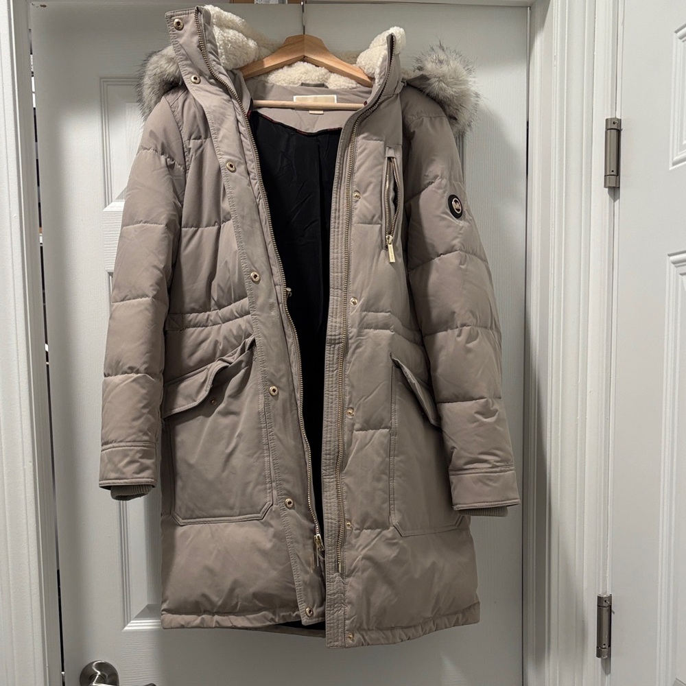 Michael Kors Women's Beige Parka Coat with Faux Fur Hood